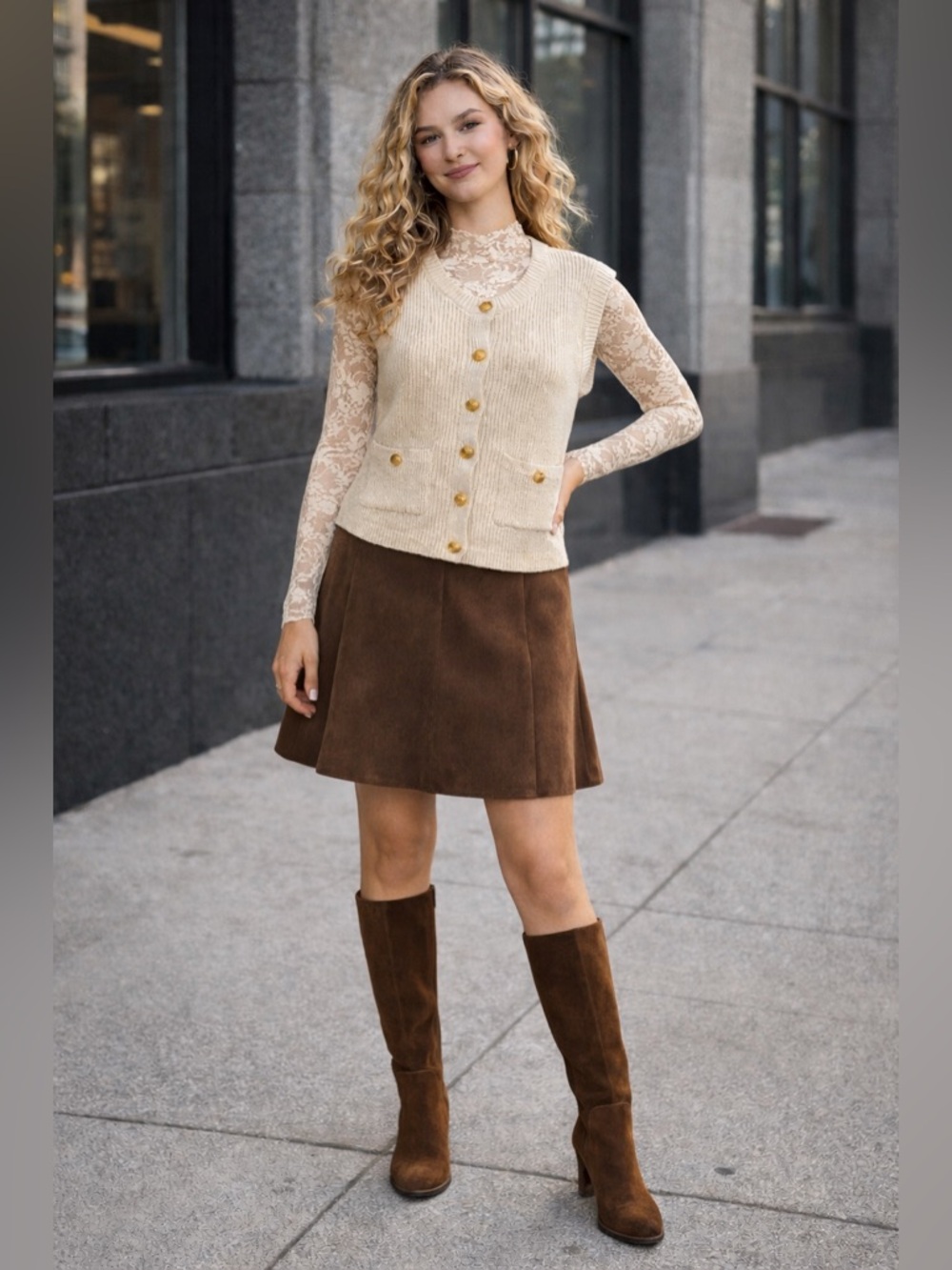 NWOT Moon & Madison Cream Sweater Vest Medium | Gold Button Knit Vest - Picture 4 of 8